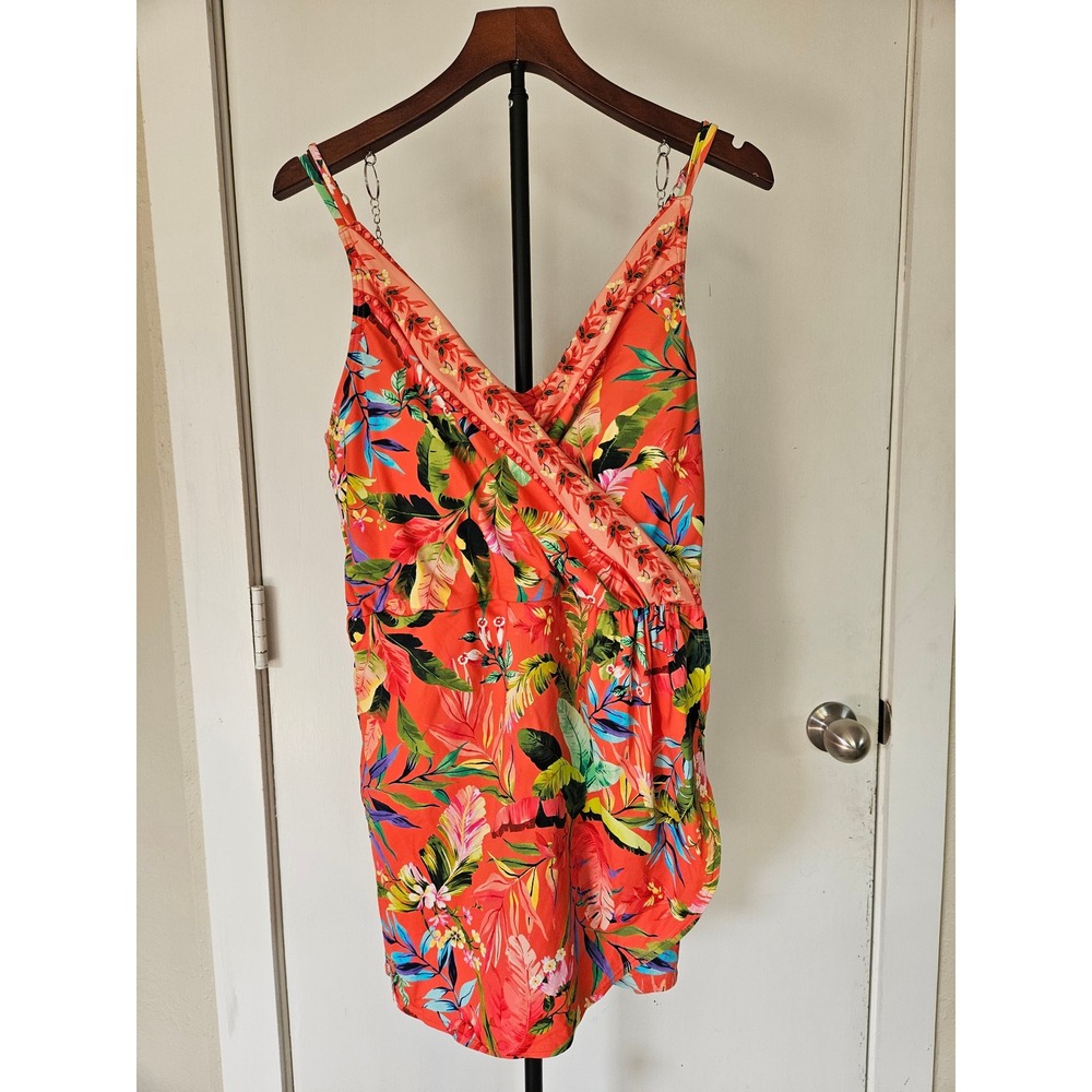 Lands End SwimSuit Womens XL 18 Orange Tropical Floral Surplice V-Neck